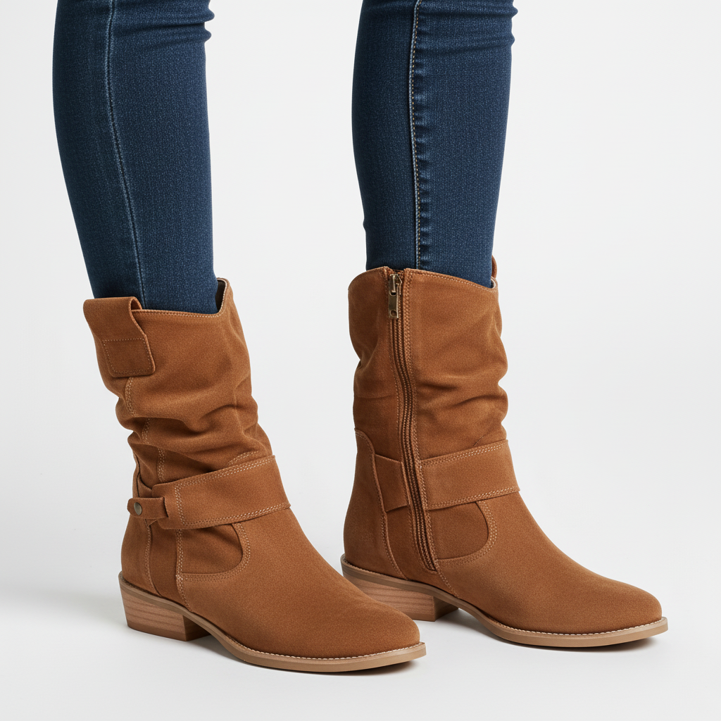 Women's Suede Leather Slouch Ankle Boots Low Block Heel