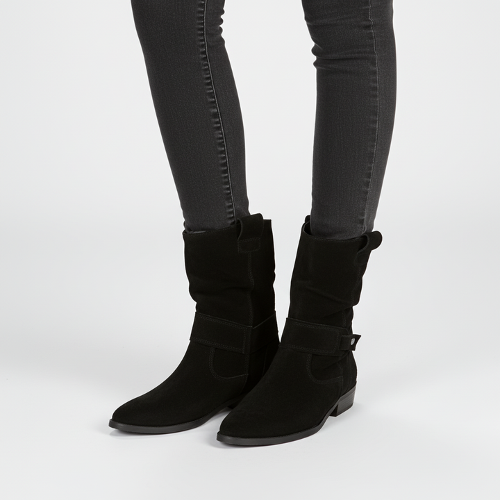 Women's Suede Leather Slouch Ankle Boots Low Block Heel