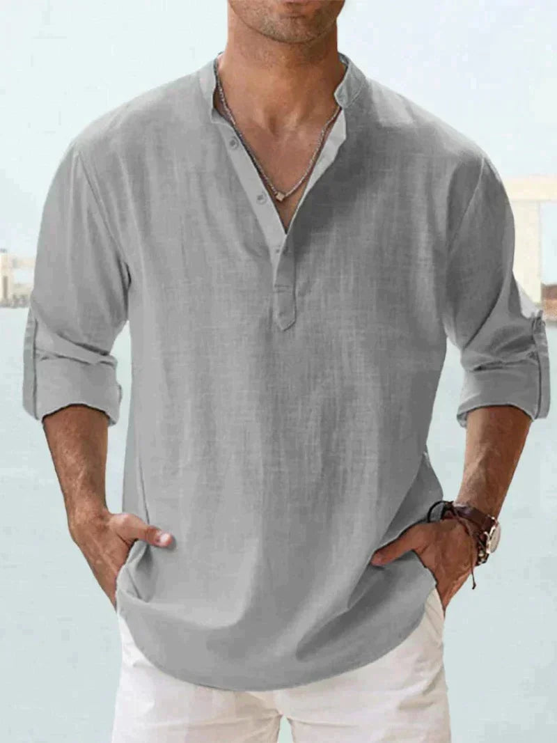 Men's Linen Henley Long Sleeve Relaxed Fit Shirt