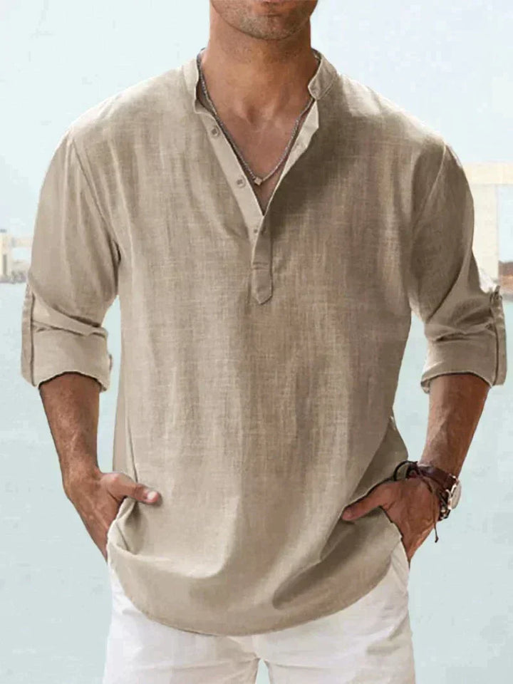 Men's Linen Henley Long Sleeve Relaxed Fit Shirt