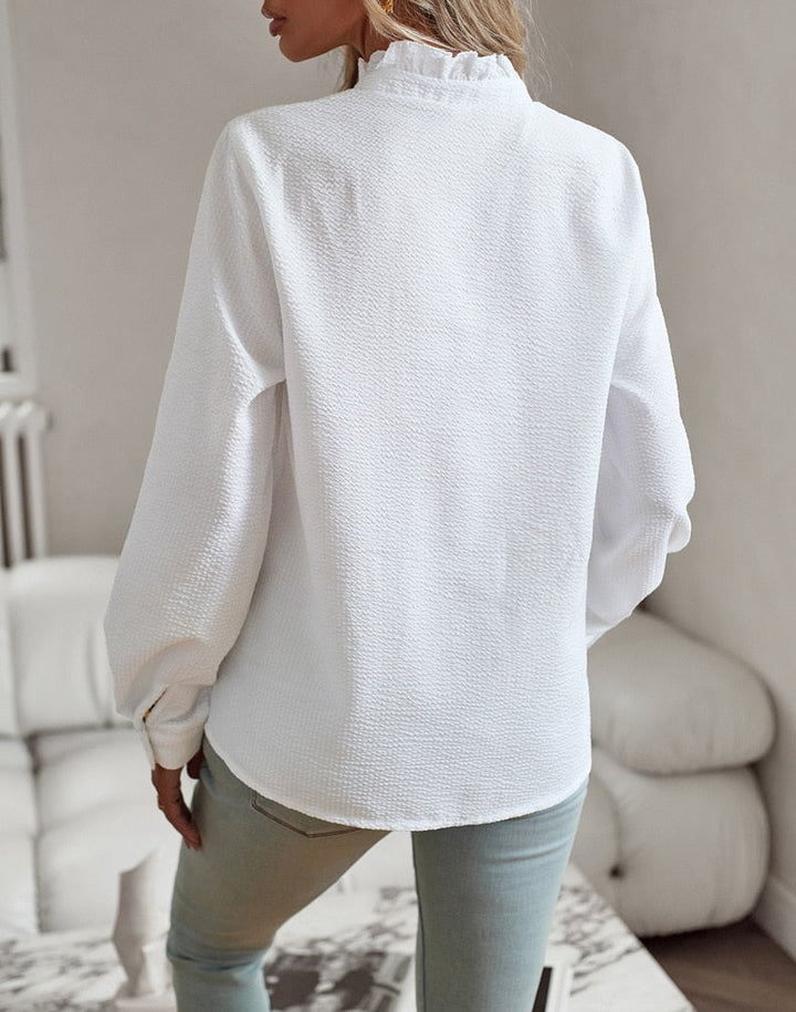 Women's Linen Blend Blouse  Ruffle Stand Collar Long Sleeve Shirt