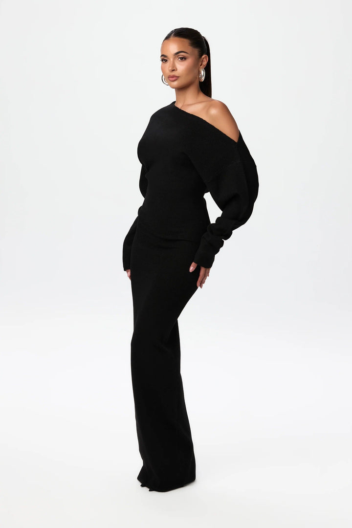 Women's Knit Off Shoulder Merino Wool Long Sleeve Maxi Dress