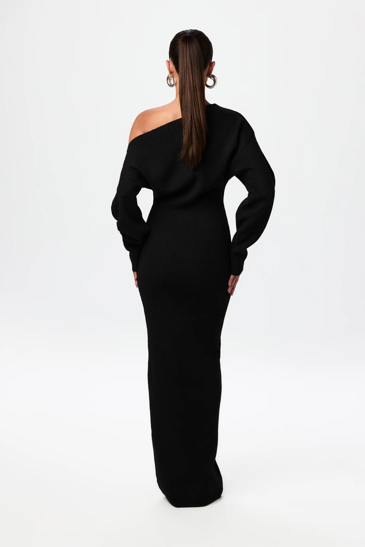 Women's Knit Off Shoulder Merino Wool Long Sleeve Maxi Dress