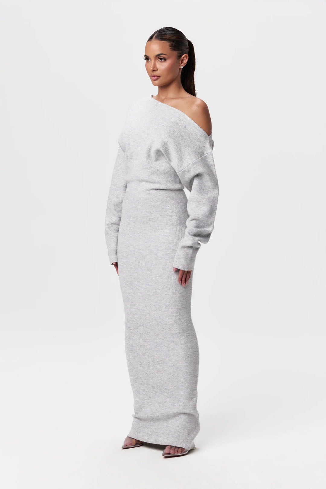 Women's Knit Off Shoulder Merino Wool Long Sleeve Maxi Dress