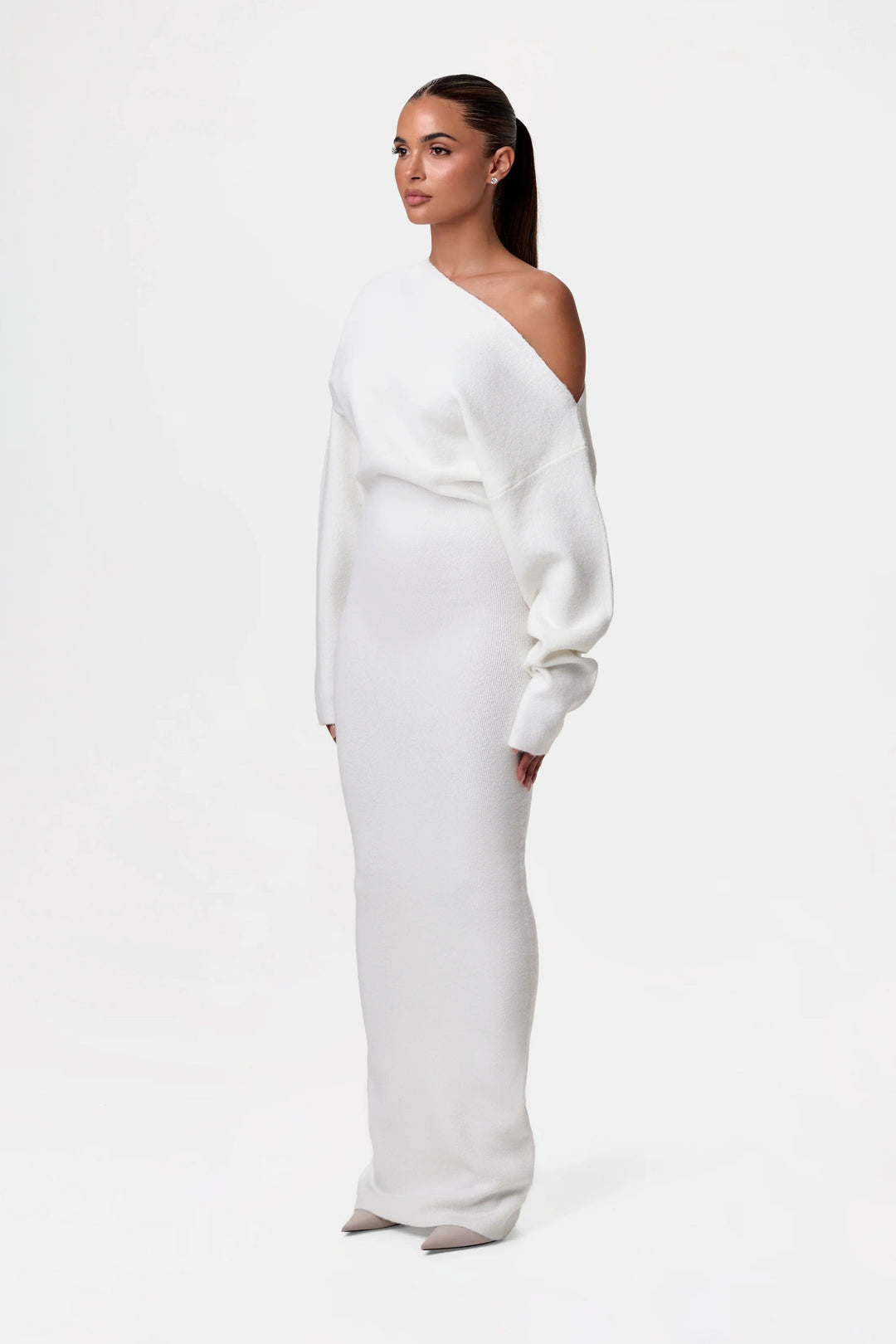 Women's Knit Off Shoulder Merino Wool Long Sleeve Maxi Dress