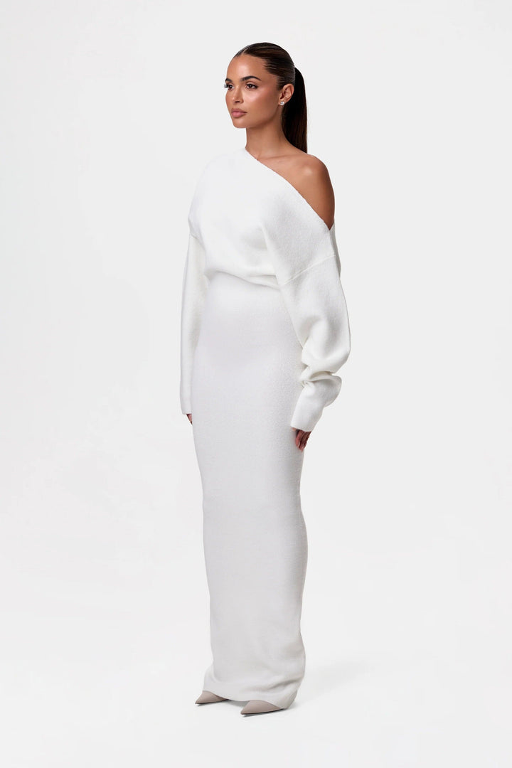 Women's Knit Off Shoulder Merino Wool Long Sleeve Maxi Dress
