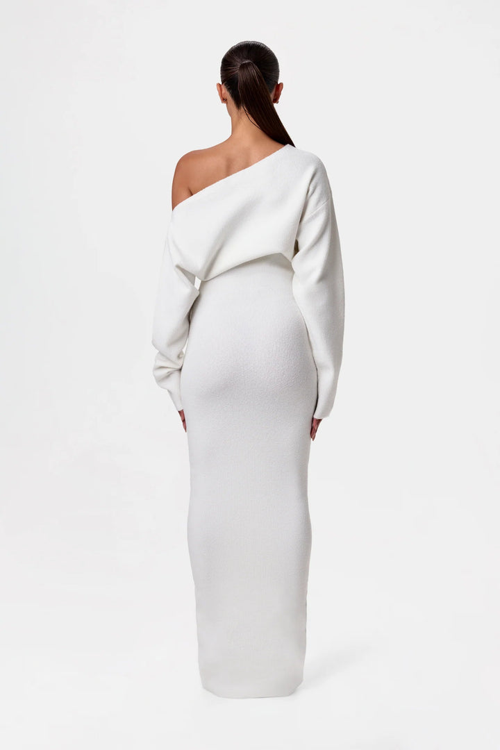 Women's Knit Off Shoulder Merino Wool Long Sleeve Maxi Dress
