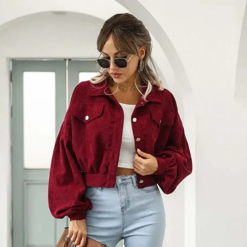 Corduroy Jacket for Women Cropped Bomber Casual Coat