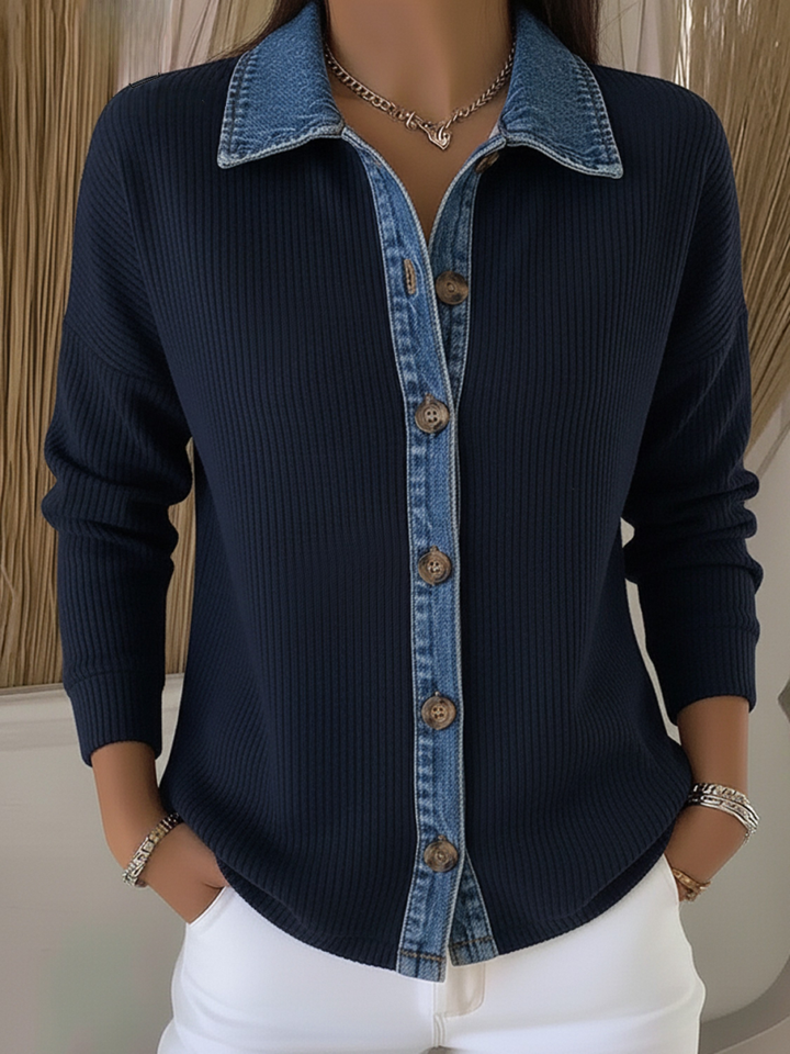 Women's Long Sleeve Knit Collar Button-Up Shirt