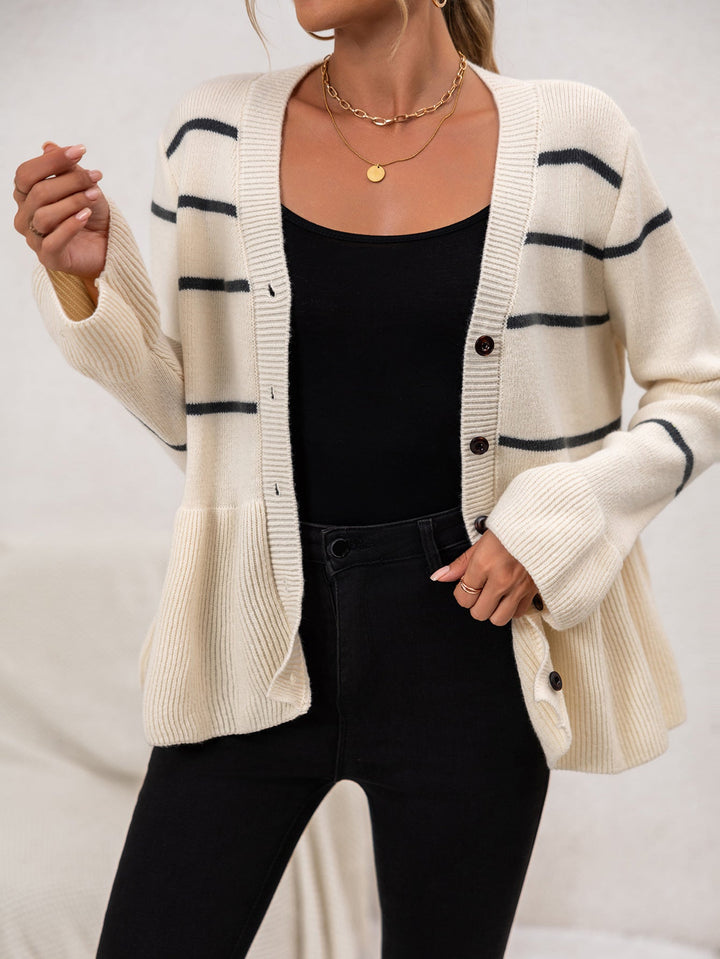 Women's Cardigan Sweater Striped Knit V-Neck Long Sleeves Top