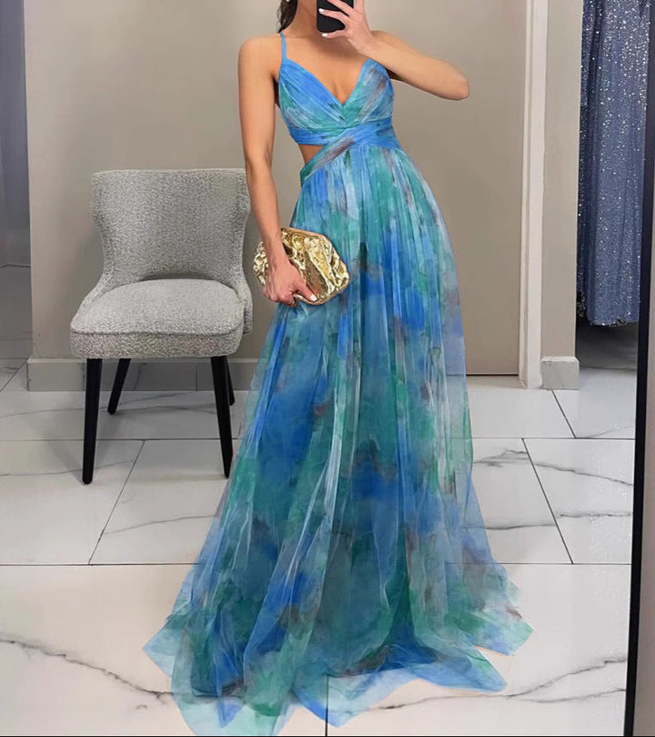 Women's Floral Print Chiffon Cutout V-Neck Backless Maxi Dress