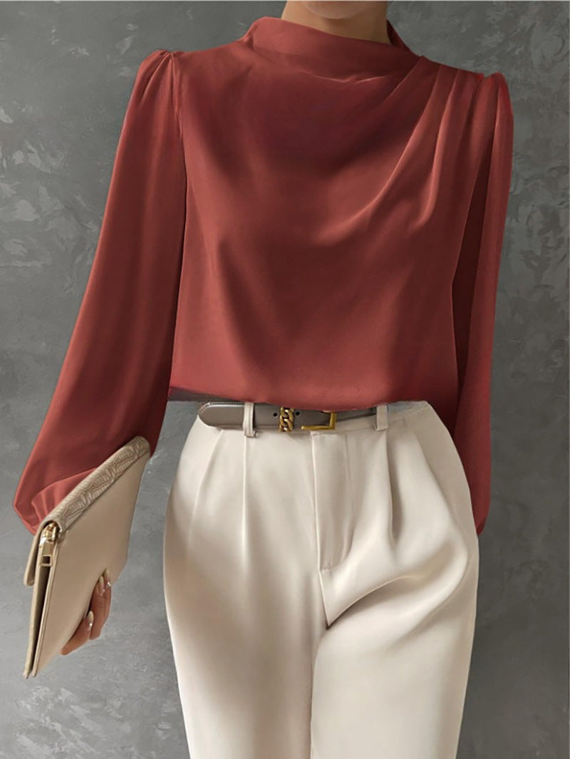 Women's Satin Draped Blouse Mock Neck Elegant Long Sleeve Top