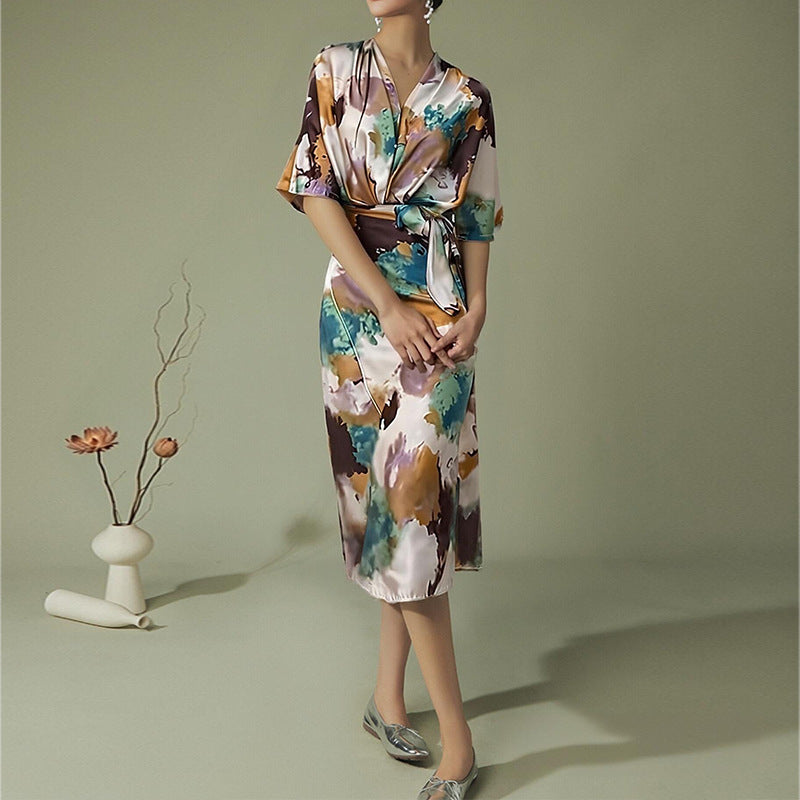 Women's V-Neck Short Sleeve Abstract Satin Wrap Midi Dress