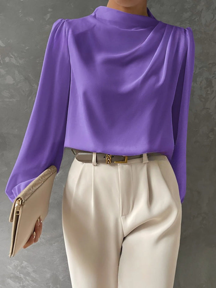 Women's Satin Draped Blouse Mock Neck Elegant Long Sleeve Top
