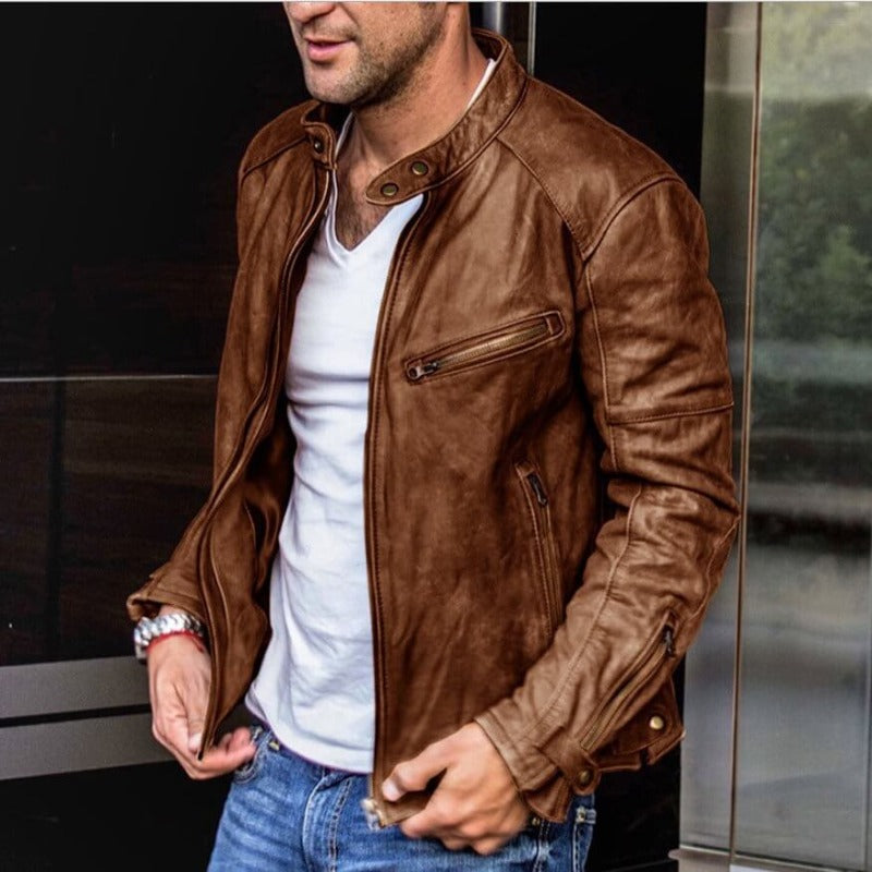 Men's Leather Jacket Biker Outerwear Motorcycle Coat