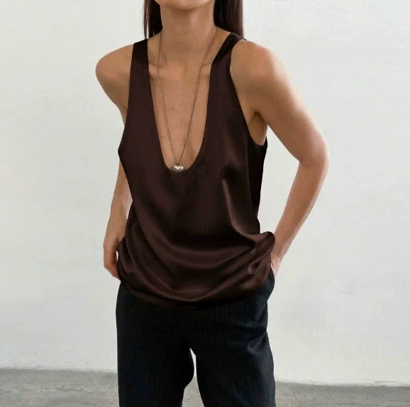 Women's Satin Sleeveless Scoop Neck Tank Top 
