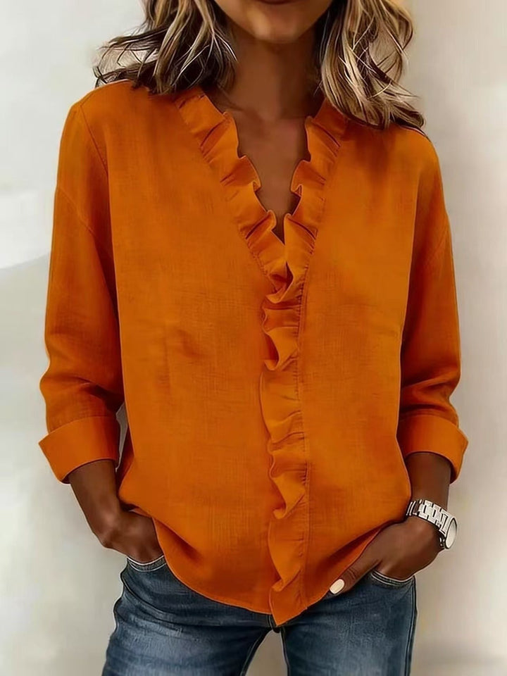 Women's Linen Ruffle V-Neck Long-Sleeve Blouse