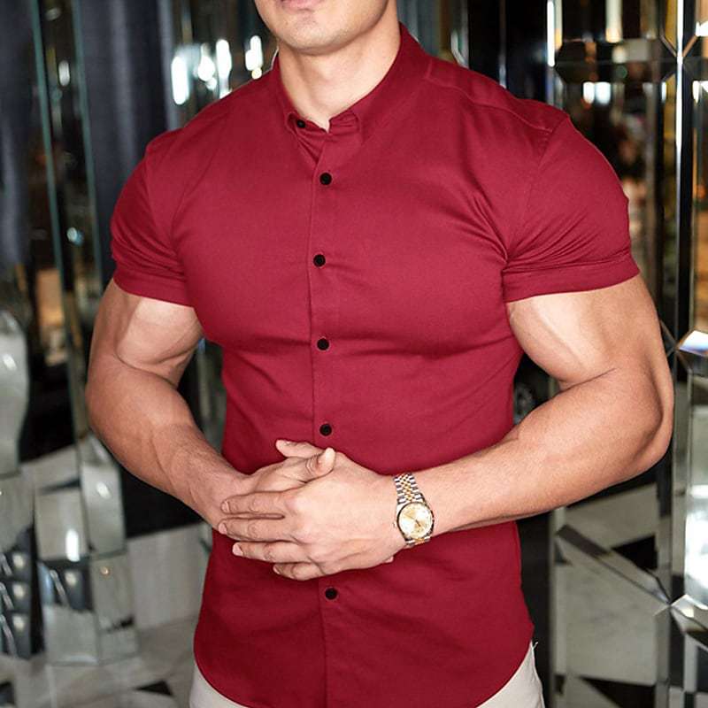 Men's Muscle Fit Short Sleeve Dress Shirt Stretch Casual Top
