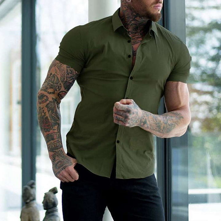 Men's Muscle Fit Short Sleeve Dress Shirt Stretch Casual Top