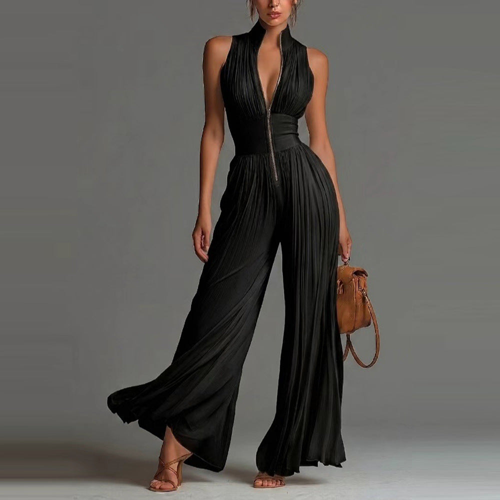 Women's Jumpsuit Satin Halter Neck Wide Leg Elegant Pleated Romper