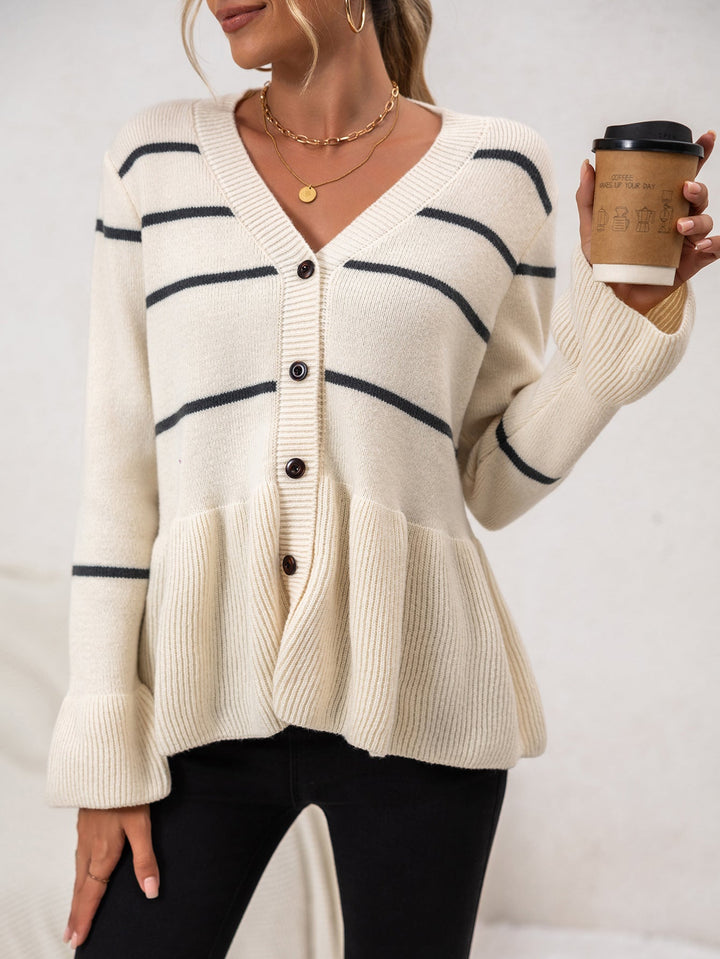 Women's Cardigan Sweater Striped Knit V-Neck Long Sleeves Top