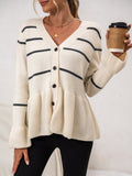 Women's Cardigan Sweater Striped Knit V-Neck Long Sleeves Top