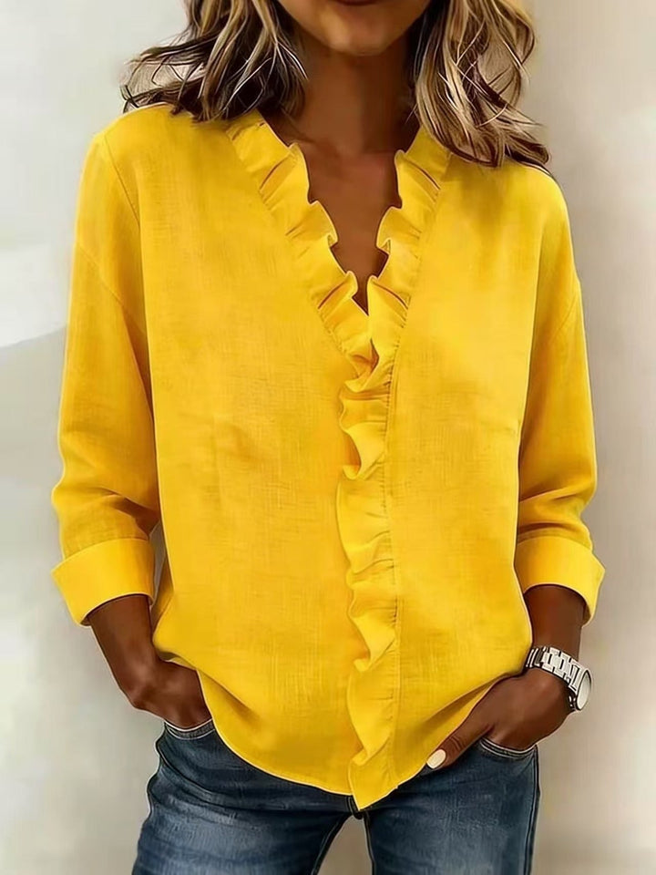 Women's Linen Ruffle V-Neck Long-Sleeve Blouse