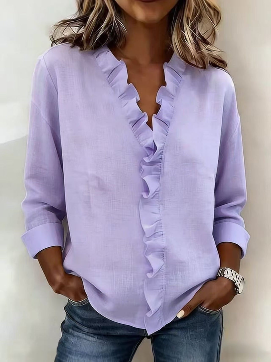 Women's Linen Ruffle V-Neck Long-Sleeve Blouse