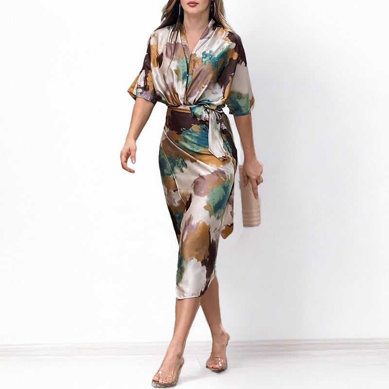 Women's V-Neck Short Sleeve Abstract Satin Wrap Midi Dress