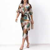 Women's V-Neck Short Sleeve Abstract Satin Wrap Midi Dress