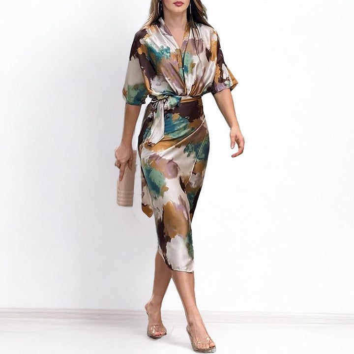 Women's V-Neck Short Sleeve Abstract Satin Wrap Midi Dress
