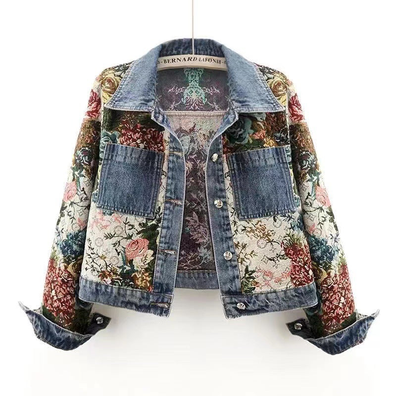 Women Denim Floral Jacket Denim Coat Outerwear