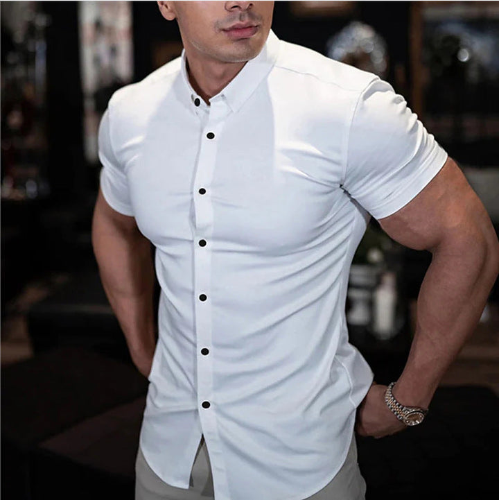 Men's Muscle Fit Short Sleeve Dress Shirt Stretch Casual Top