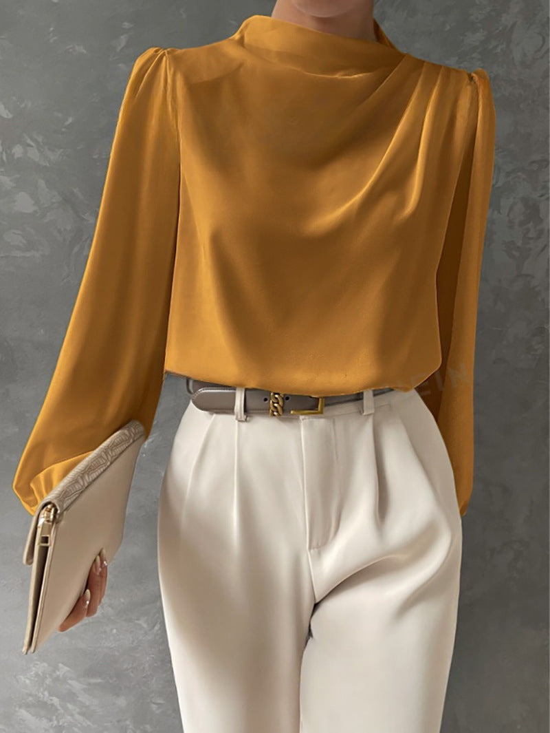 Women's Satin Draped Blouse Mock Neck Elegant Long Sleeve Top