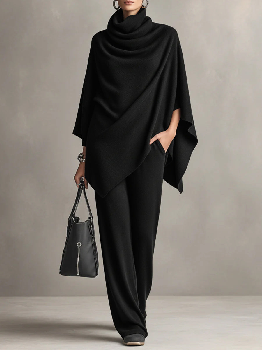 Women's Knit Two Piece Cape Top Wide Leg Pants Co-ord Set