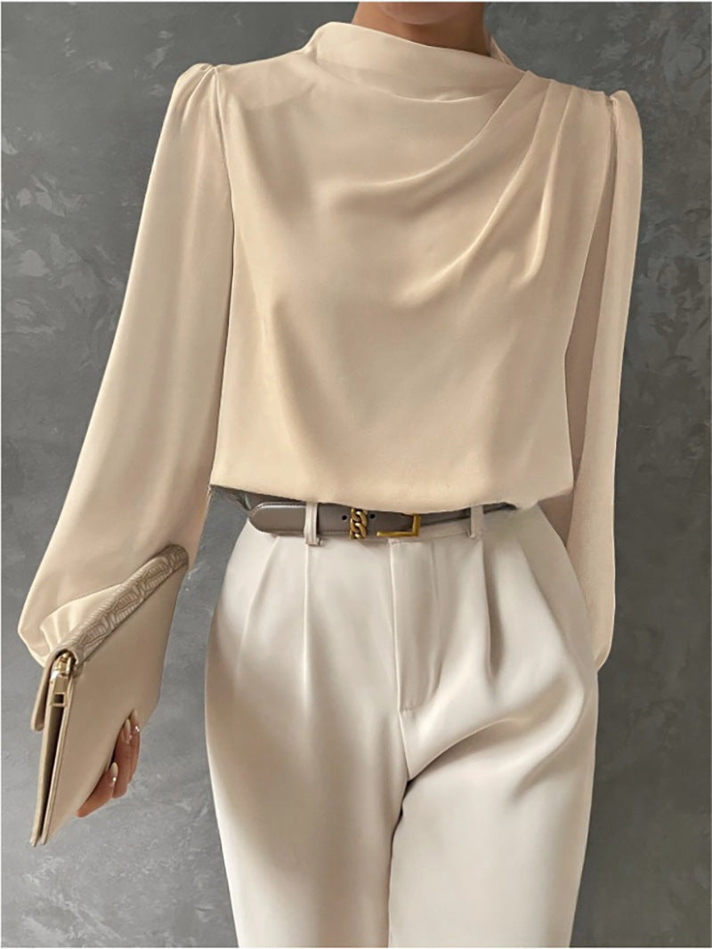 Women's Satin Draped Blouse Mock Neck Elegant Long Sleeve Top