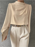 Women's Satin Draped Blouse Mock Neck Elegant Long Sleeve Top