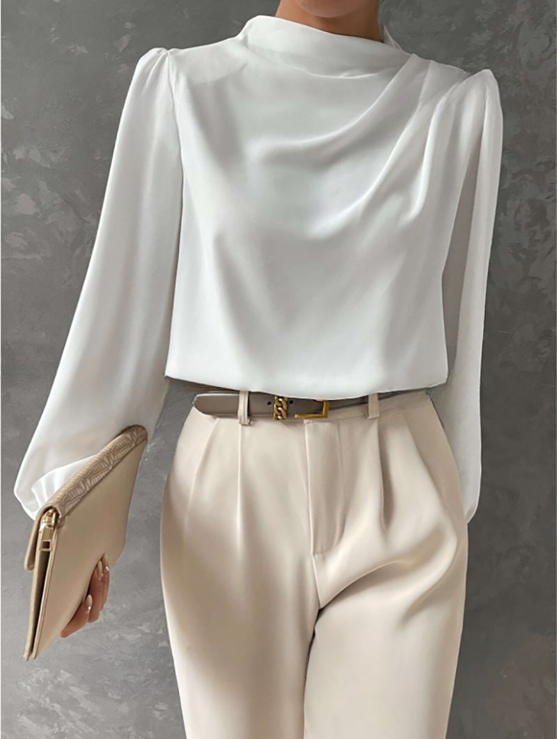 Women's Satin Draped Blouse Mock Neck Elegant Long Sleeve Top