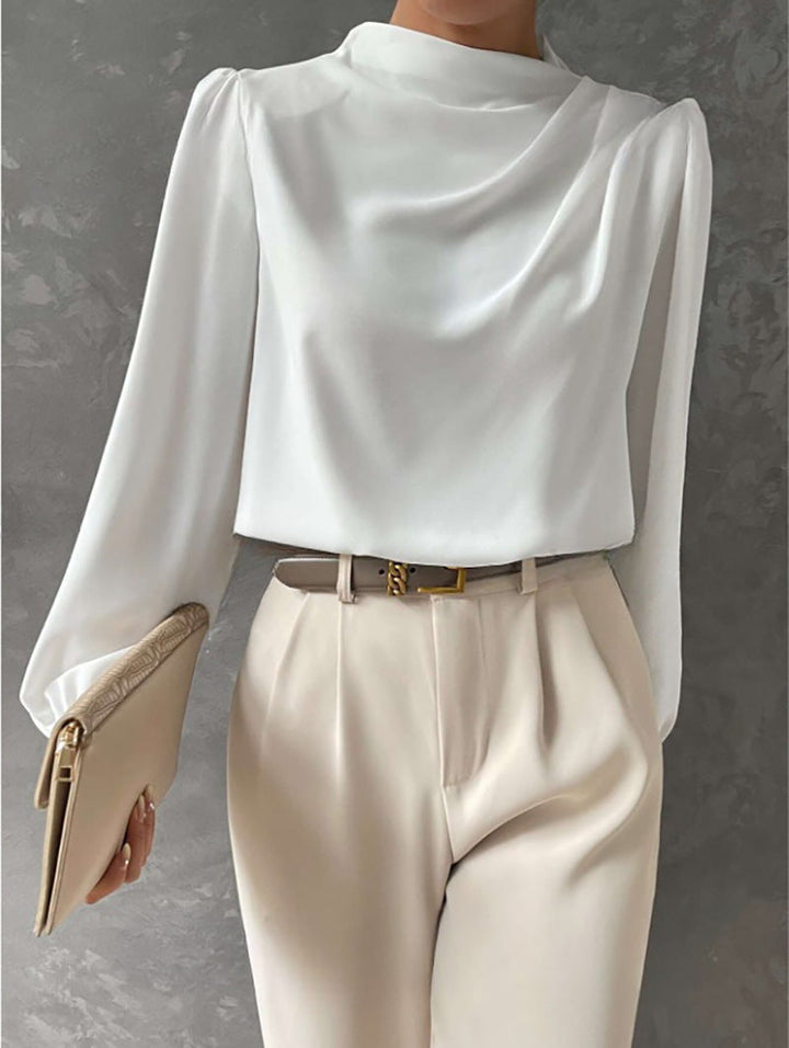 Women's Satin Draped Blouse Mock Neck Elegant Long Sleeve Top