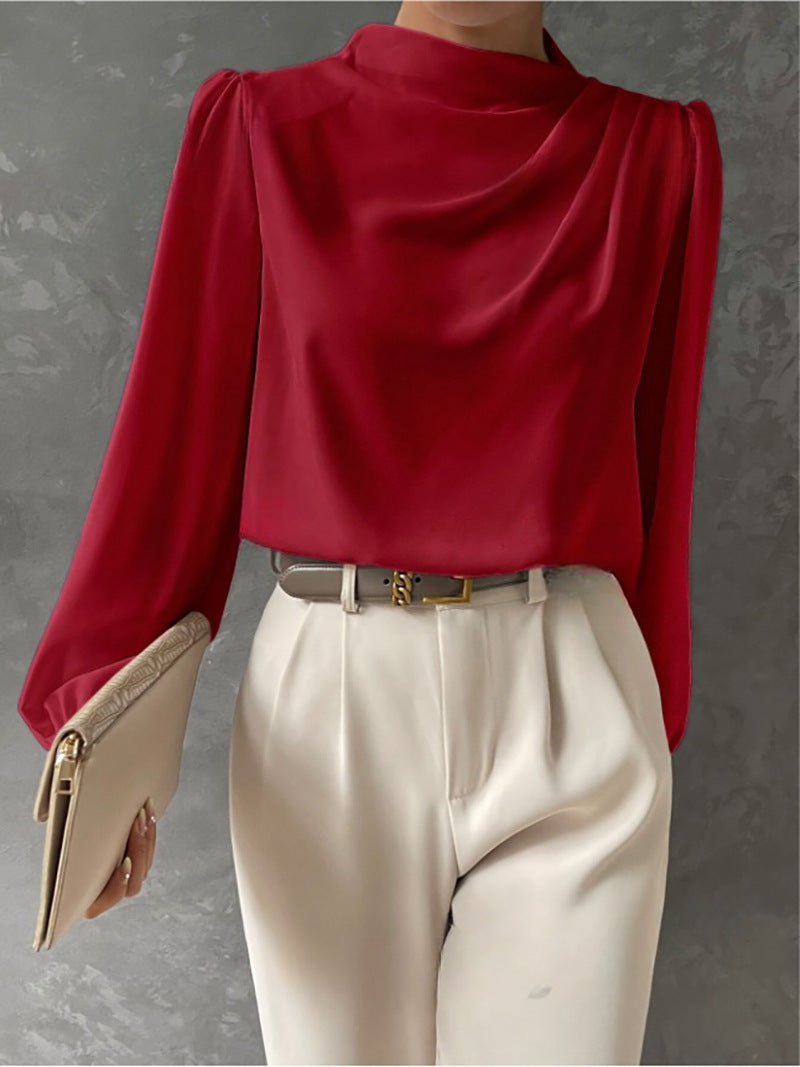 Women's Satin Draped Blouse Mock Neck Elegant Long Sleeve Top