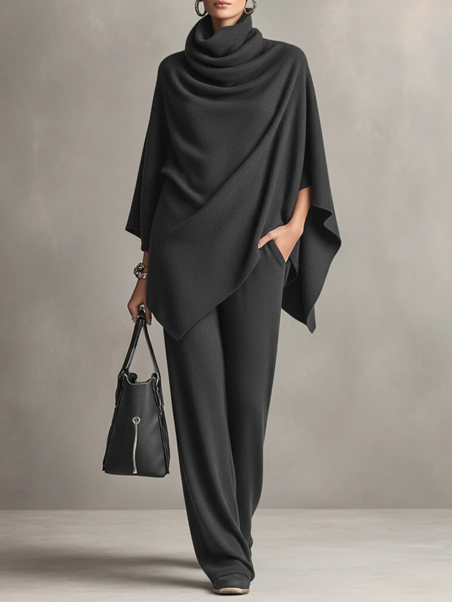 Women's Knit Two Piece Cape Top Wide Leg Pants Co-ord Set