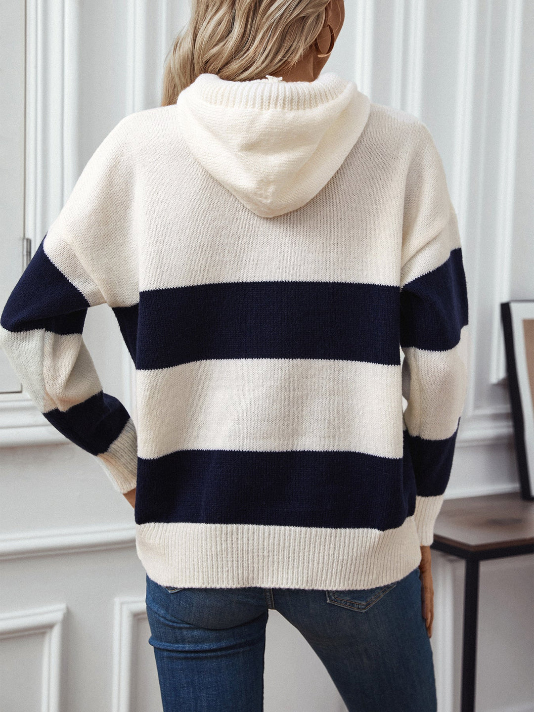Women's Striped Knit Hoodie Sweater Wool Jumper Pullover