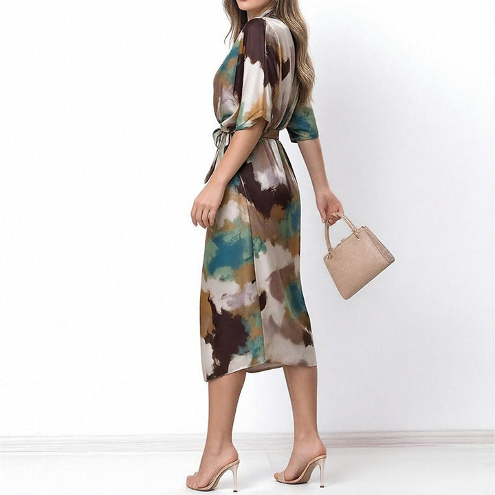 Women's V-Neck Short Sleeve Abstract Satin Wrap Midi Dress