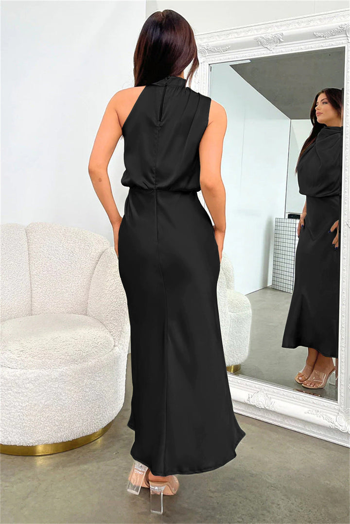 Women's Silk Satin High Neck Halter Midi Dress