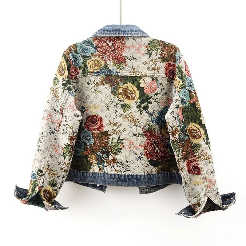 Women Denim Floral Jacket Denim Coat Outerwear