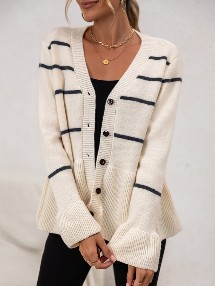 Women's Cardigan Sweater Striped Knit V-Neck Long Sleeves Top