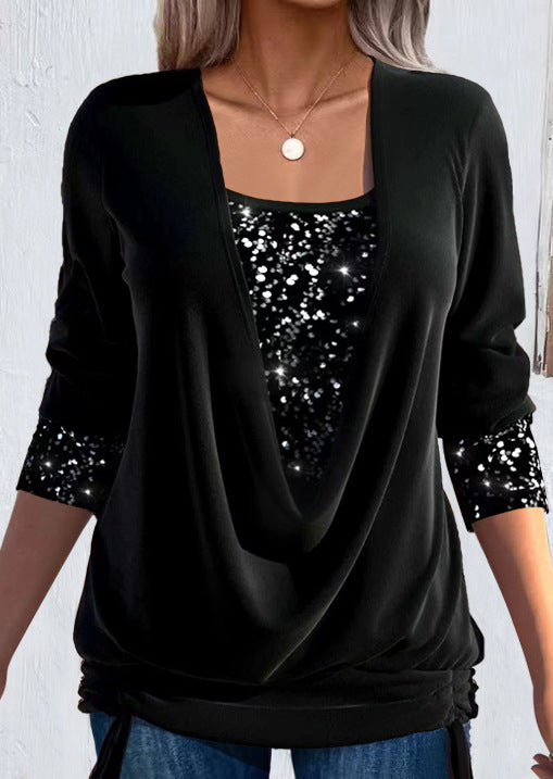Women's Knit Blouse Long Sleeve Sequin Detail Casual Top