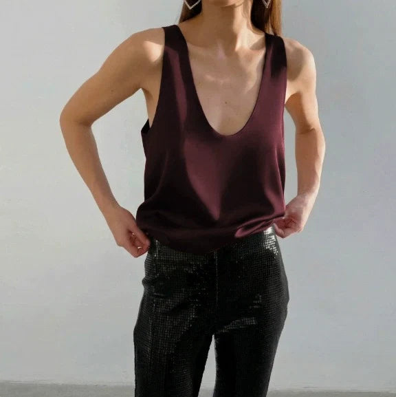 Women's Satin Sleeveless Scoop Neck Tank Top 