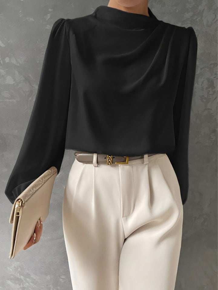 Women's Satin Draped Blouse Mock Neck Elegant Long Sleeve Top