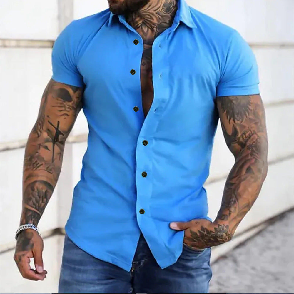 Men's Muscle Fit Short Sleeve Dress Shirt Stretch Casual Top
